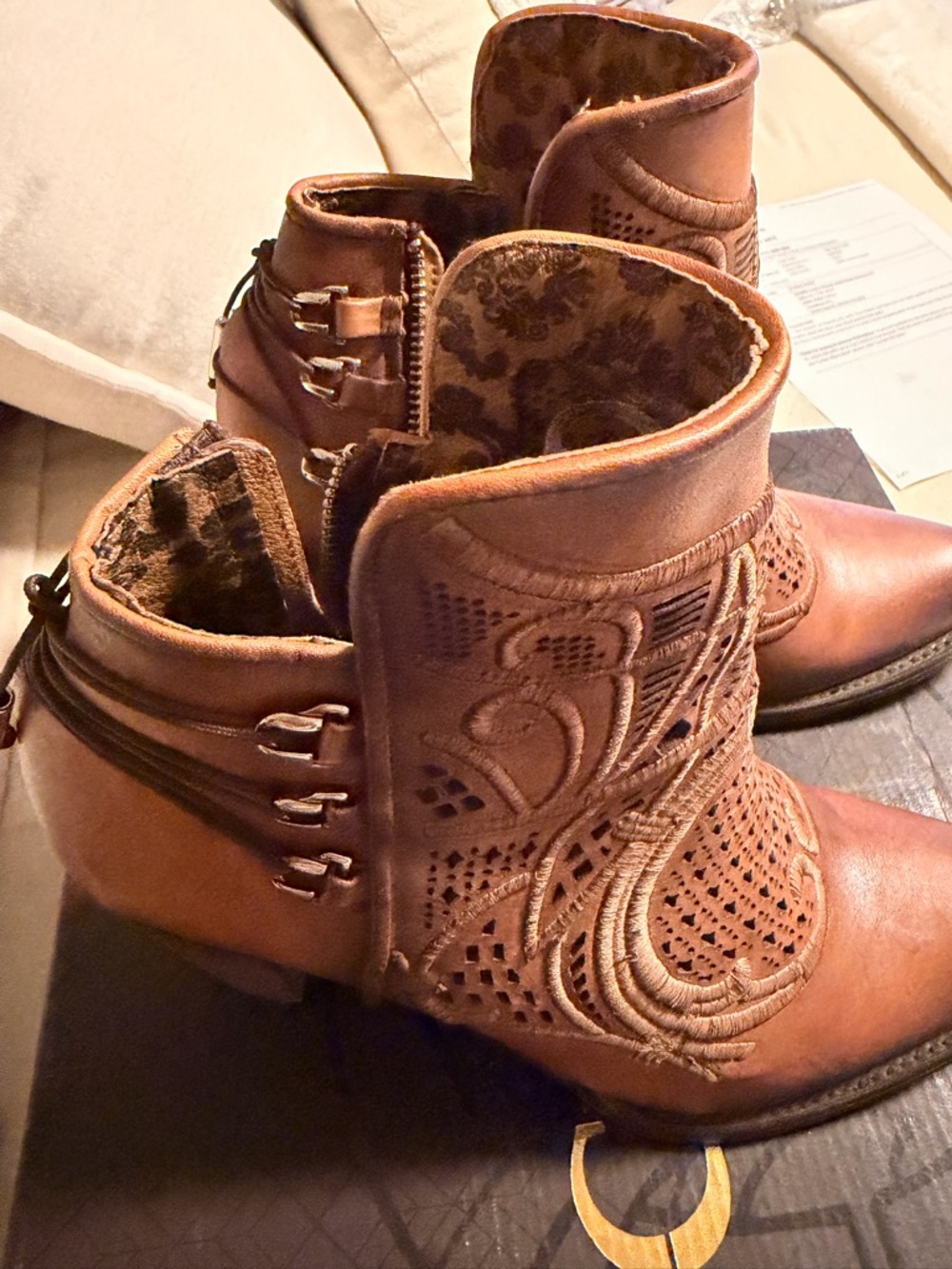 Tan Leather Laser-Cut Ankle Booties with Buckle Detail - Picture 2 of 8